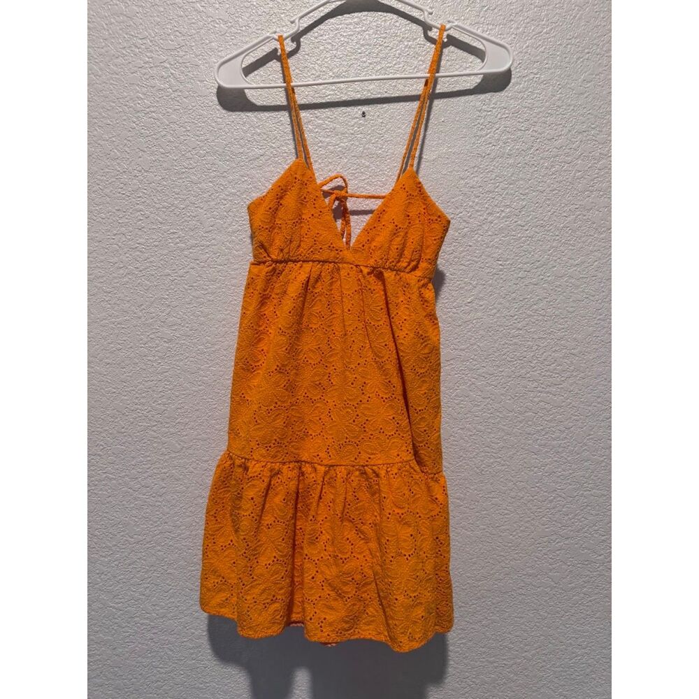 Zara Orange Eyelet Embroidered Tiered Mini Dress Tie Back Size XS